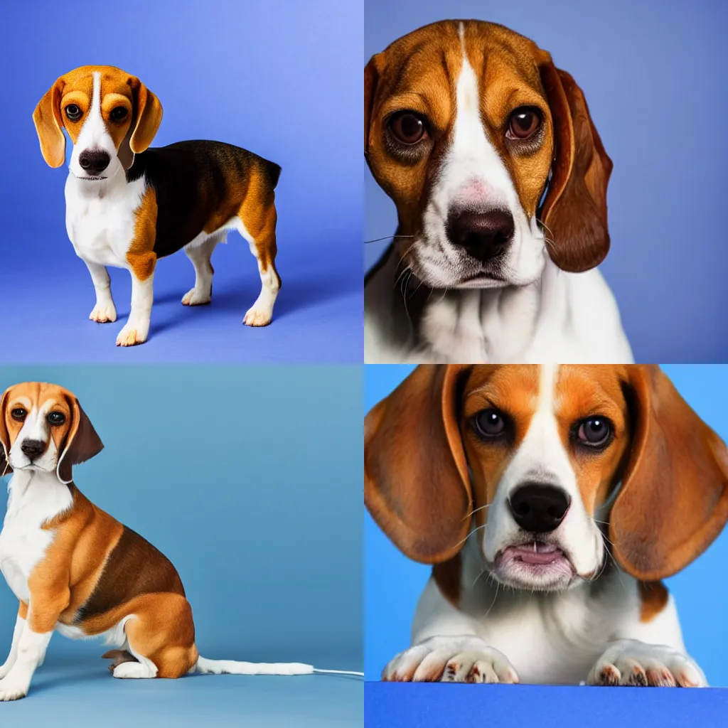 Prompt: a high quality photo of a beagle made of cake, studio lighting, blue backdrop. HD