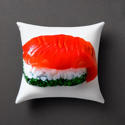 Image similar to a pillow in the shape of sushi, product photography, highly detailed, epic lighting, hyper photorealism, 8 k