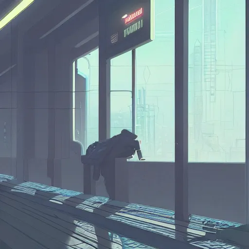 Image similar to a man waiting for a train at a train station, cyberpunk art by tomer hanuka, cgsociety, photorealism, matte drawing, digital illustration, digital painting