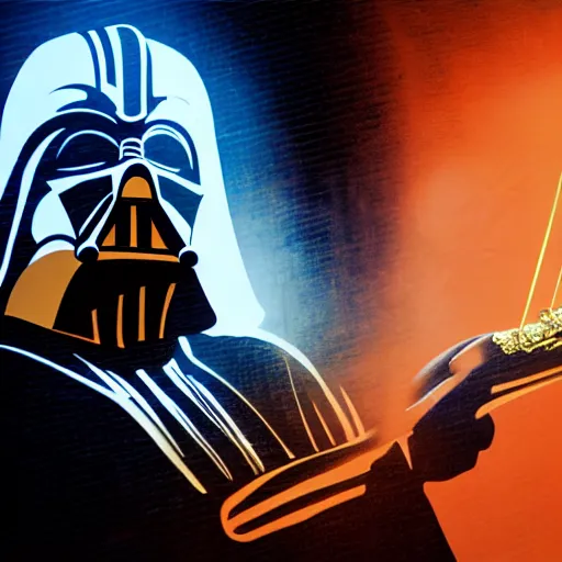 Prompt: gold bordered mural of a futuristic darth vader holding a turkey leg, hyper realistic, cyberpunk, nightcore, 4 k, highly detailed, beautifully rendered