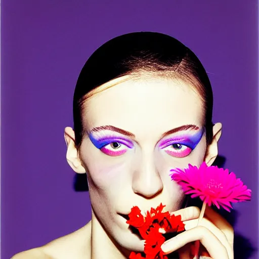 Prompt: a studio close - up portrait of a a fashion model smelling a plastic toy flower. surreal photograph, lo - fi, polished look, silly and serious, hermes ad, fashion photography, toiletpaper magazine by pierpaolo ferrari and maurizio cattelan, 3 5 mm photograph, colourful, by pierpaolo ferrari, maurizio cattelan, david lachapelle