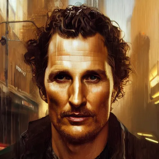 Image similar to matthey mcconaughey, hyperrealistic portrait, bladerunner street, art of elysium by jeremy mann and alphonse mucha, fantasy art, photo realistic, dynamic lighting, artstation, poster, volumetric lighting, very detailed face, 4 k, award winning