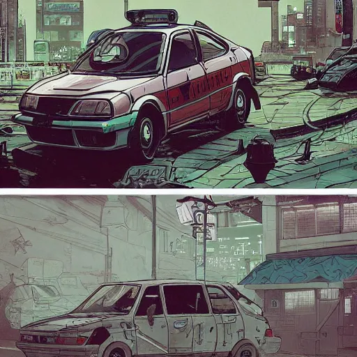 Image similar to Masamune Shirow simon stalenhag exterior armored honda civic crx street neo tokyo cyberpunk. ian mcque ink calligraphy art James Gilleard.