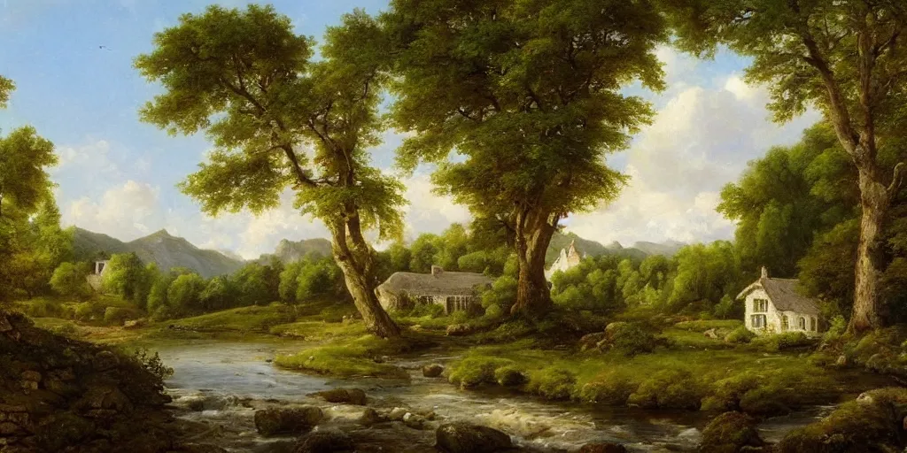 Prompt: a beautiful landscape painting of a cottage by a river in a valley, summer season, by john glover, oil on canvas, highly detailed, hd, 4 k