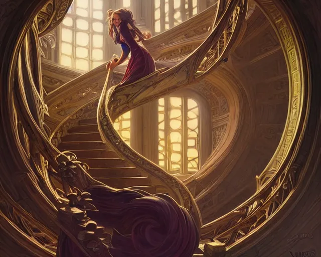 Image similar to spiral staircase leading to hope and glory, deep focus, d & d, fantasy, intricate, elegant, highly detailed, digital painting, artstation, concept art, matte, sharp focus, illustration, hearthstone, art by artgerm and greg rutkowski and alphonse mucha