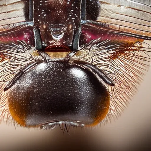 Image similar to a macro photograph of a fly with donald trump hair