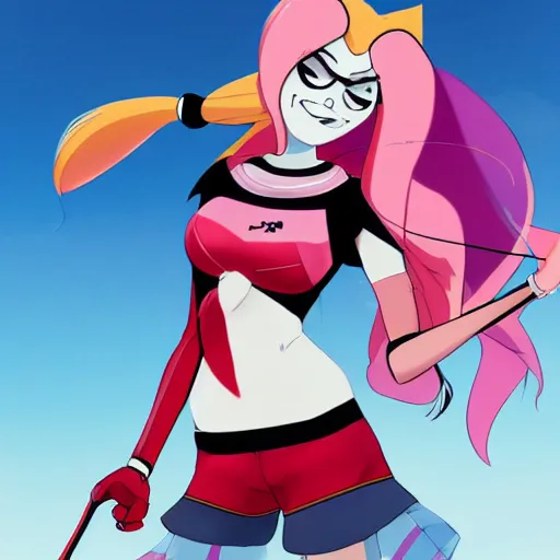 Prompt: cartoon female character inspired by harley quinn and star butterfly, artwork by studios ghibli and rossdraws, anatomically correct, smooth