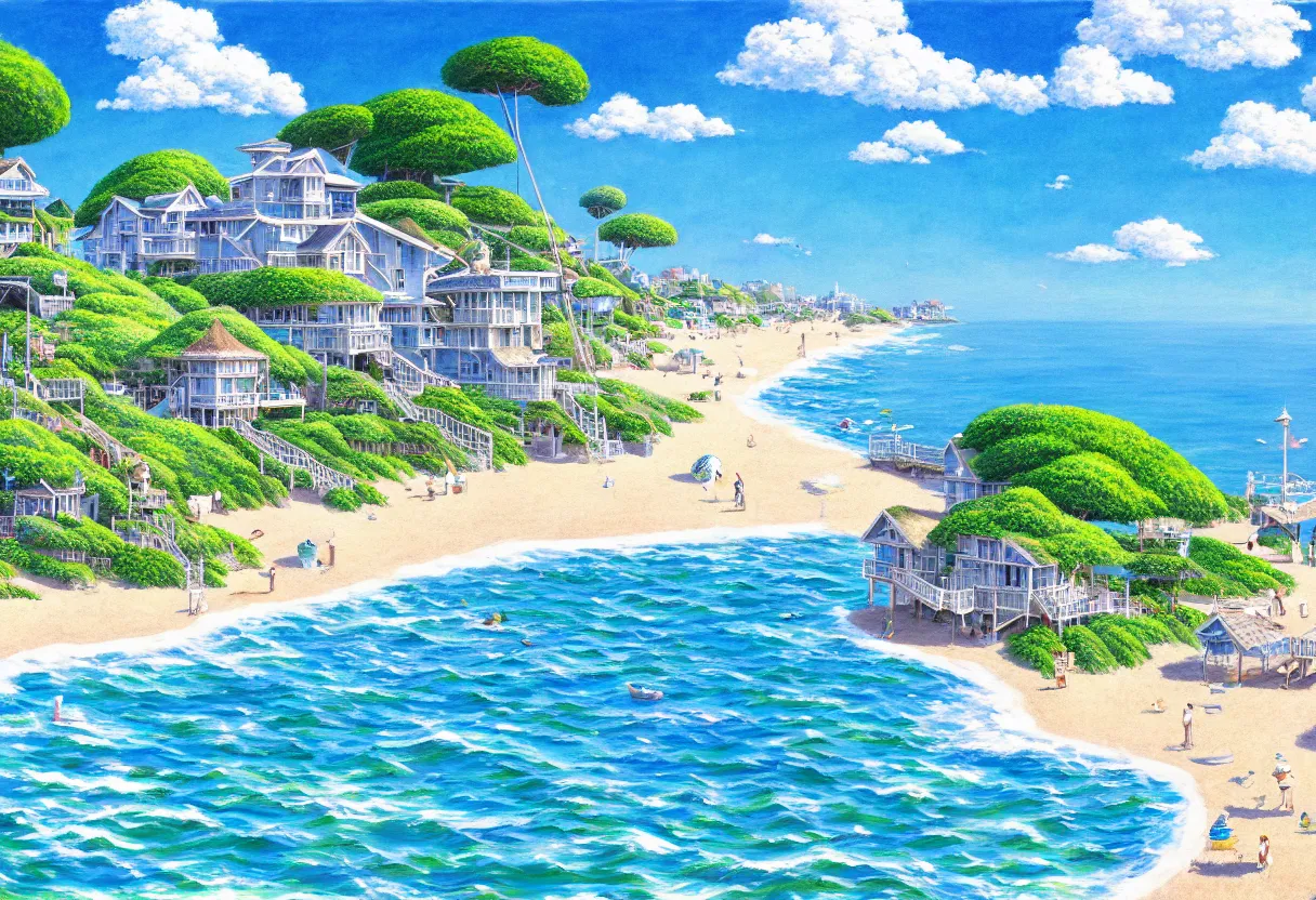 Prompt: a beautiful ultradetailed painting of beach house at the seaside, sunny, close shot, studio ghibli sunlight, archdaily, wallpaper, highly detailed, trending on artstation
