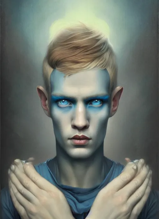 Image similar to an unnerving portrait of a male with beautiful blue eyes and short blond hair, art tom bagshaw