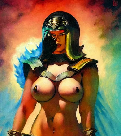 Prompt: portrait of plus size iranian female chaos angel, beautiful! coherent! by frank frazetta, by brom, strong line, vivid neon color, shining metal power armor, iron helm, high contrast, maximalist