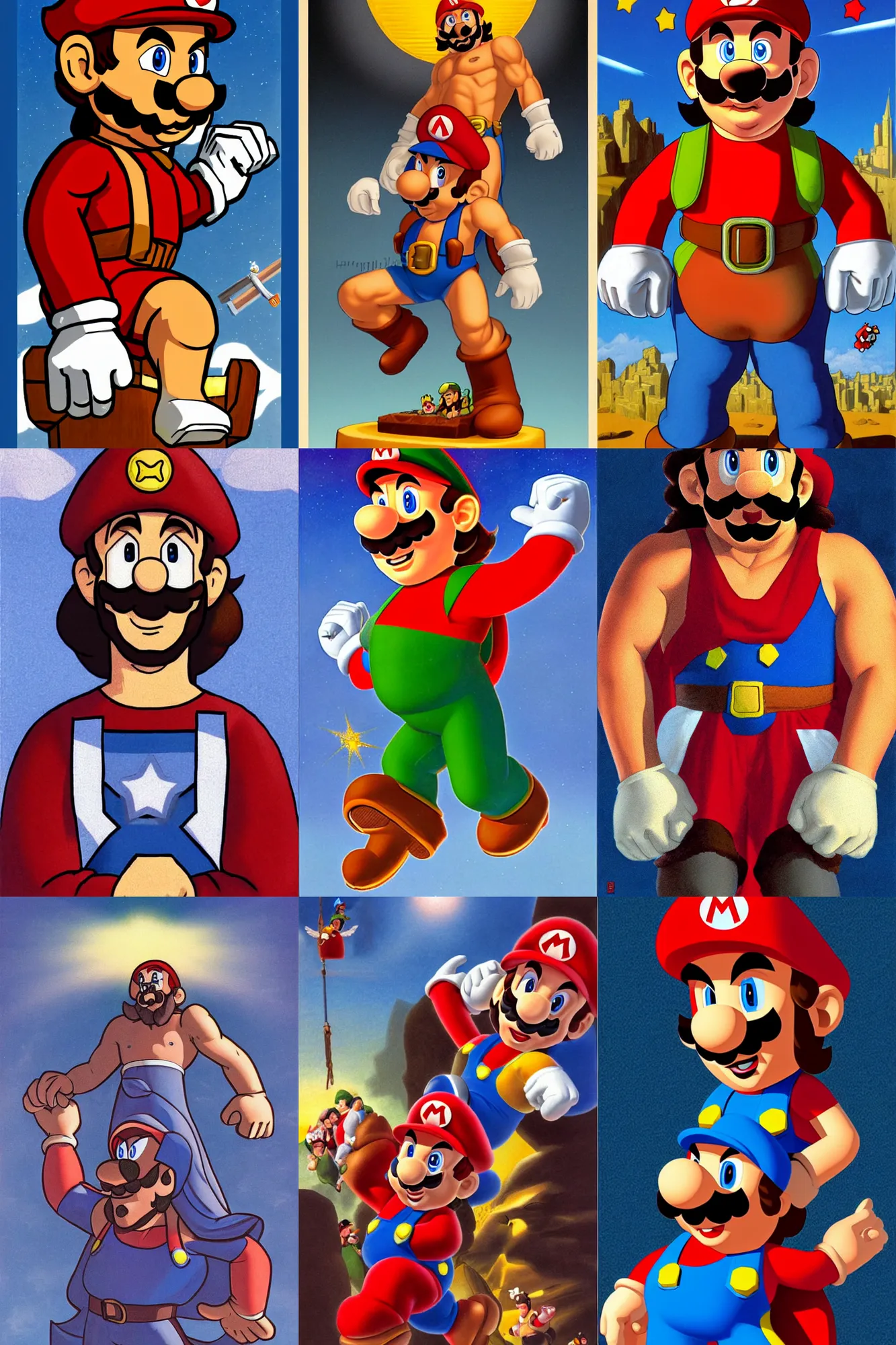 Prompt: Jesus as Mario from Super Mario Bros, Muscular, Superhero by Greg Hildebrandt, halo above head