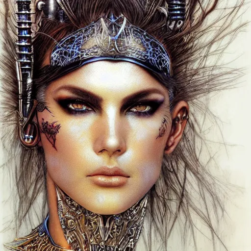 Image similar to an award finning closeup facial portrait by alan lee, luis royo and john howe of a bohemian female cyberpunk traveller clothed in excessively fashionable 8 0 s haute couture fashion and wearing ornate art nouveau body paint