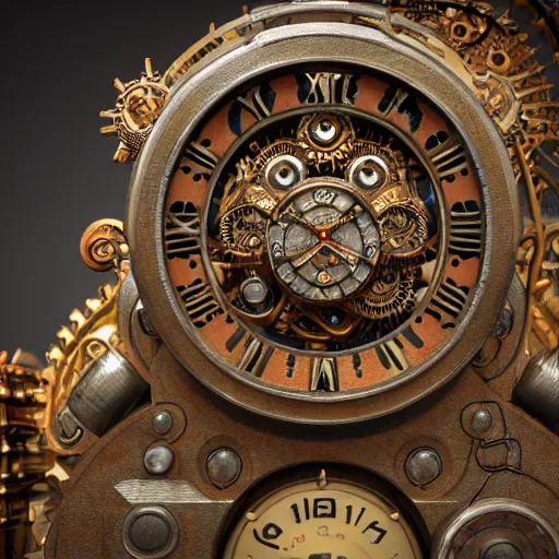 Image similar to Ultra-detailed cinematic render, of a fantasy steampunk time machine, intricate clock gears, octane render, high quality, ornate gems, 8k, by greg rutkowsky, volumetric lighting