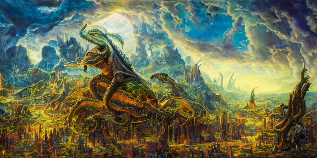 Image similar to fantasy oil painting, great leviathan, cybernetic turtle cephalopod terrapin reptilian pachyderm squid, bella hadid, hybrid, milla jovovich, anubis epic islamic city, natural light, lush plants flowers, spectacular mountains, bright clouds, luminous sky, outer worlds, golden hour, michael cheval, edward hopper, michael whelan, hd