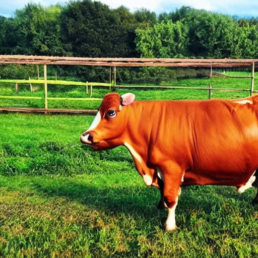 Image similar to cow running from a cage to a countryside