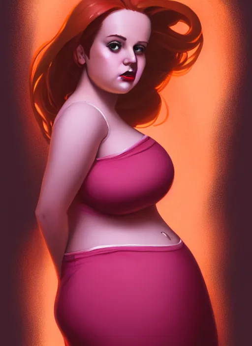 Image similar to full body portrait of teenage cheryl blossom, obese, bangs, sultry, realistic, red hair, sultry smirk, wavy hair, pink skirt, fat, obese, intricate, elegant, glowing lights, highly detailed, digital painting, artstation, concept art, smooth, sharp focus, illustration, art by wlop, mars ravelo and greg rutkowski