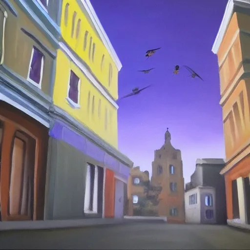 Image similar to hyperrealistic painting of old town, terrifying, purple dim light, ghosts flying from 8 floors building