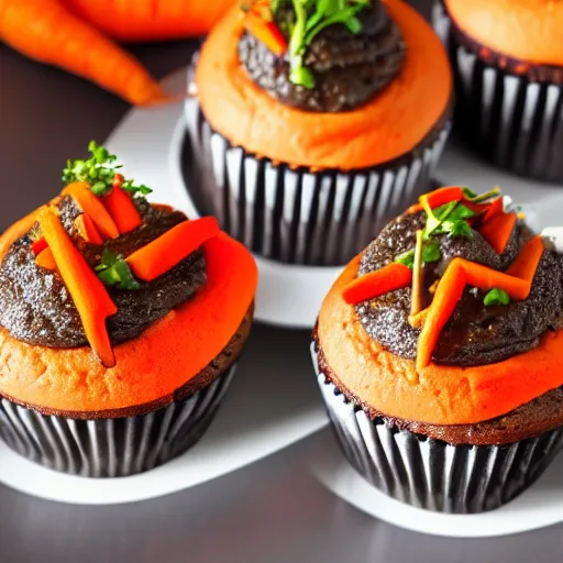 Image similar to A beef stew cupcake with a side of freshly shaved carrot and caviar, high definition photography, 8k, food photography