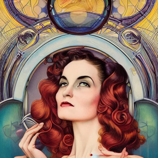 Prompt: an art nouveau, ( streamline moderne ), multi - ethnic and multi - racial portrait in the style of anna dittmann and donato giancola and virgil finlay. very large, clear, expressive, and intelligent eyes. symmetrical, centered, ultrasharp focus, dramatic lighting, photorealistic digital matte painting, intricate ultra detailed background.