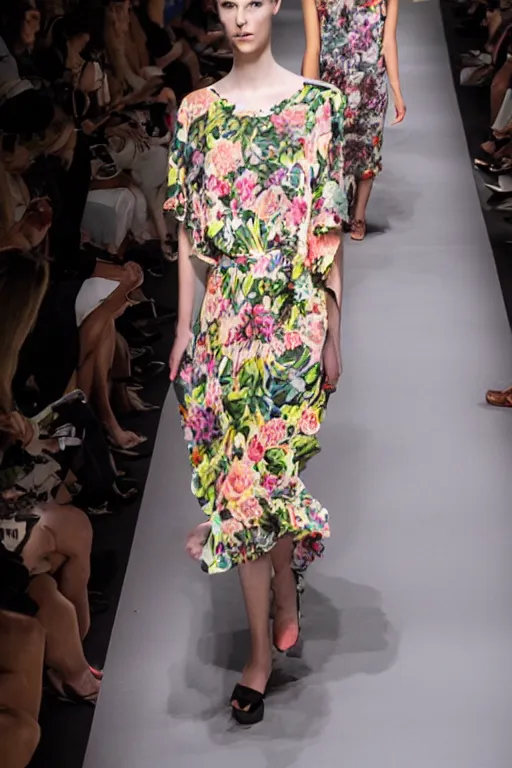 Image similar to man with a flower dress on a catwalk