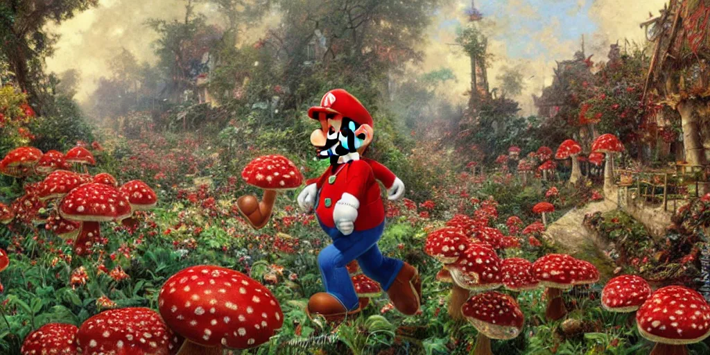 Image similar to Super Mario walking through the Mushroom Kingdom, Super Mario Theme, hundreds of red and white spotted mushrooms, by Stanley Artgerm Lau , greg rutkowski, thomas kindkade, alphonse mucha, loish, norman Rockwell