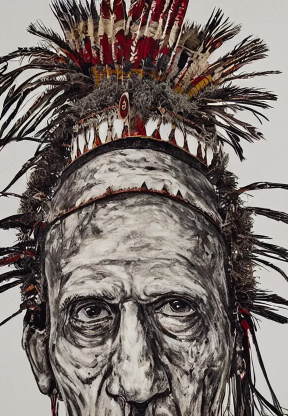 Image similar to close up portrait of zombie Pope Francis wearing a Native American Indian Feathered Headdress War Bonnet, dead redemption, by Julie Mehretu