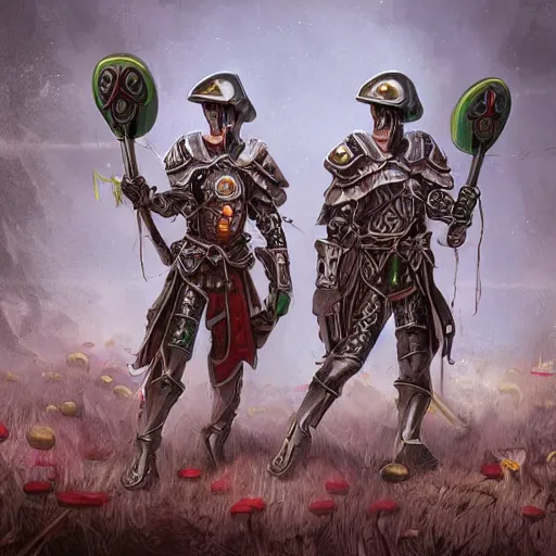 Prompt: cybernetic mushroom archers with medieval armor, digital art, 4K, very detailed