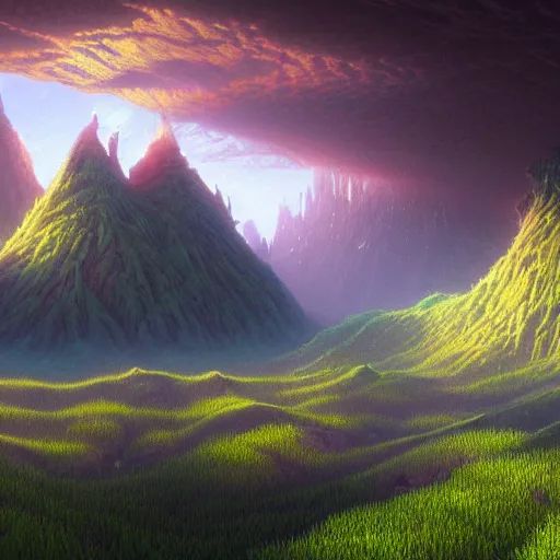 Image similar to A beautiful hyper realistic detailed matte painting of a microscopic world of algae with ridges similar to mountains with billions of glowing micro trees emitting a read and teal color by John Howe and Albert Bierstadt and Alena Aenami and dan mumford and dave noton, unreal engine, trending on behance