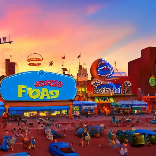 Image similar to pixar still of hotdogs falling from a blue sky at sunset in a steampunk city