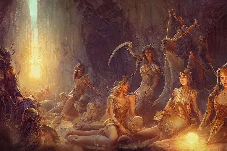Image similar to the muses. sacred singers they who took up the strings of the deep, and turned the cacophony of an angry world into songs of unity and peace. morning lighting, cinematic fantasy painting, dungeons and dragons, jessica rossier and brian froud