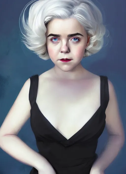 Image similar to full body portrait, kiernan shipka as sabrina spellman, white hair, obese, bangs, sultry, realistic, sultry smirk, fluffy bangs, curly bangs, fat, belly, intricate, elegant, highly detailed, digital painting, artstation, concept art, smooth, sharp focus, illustration, art by wlop, mars ravelo and greg rutkowski