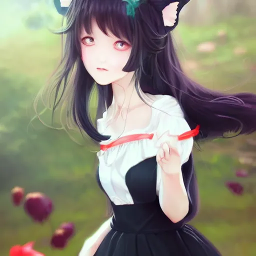 Image similar to realistic beautiful gorgeous natural cute fantasy girl black hair cute black cat ears in maid dress outfit beautiful eyes art drawn full HD 4K highest quality in artstyle by professional artists WLOP, Taejune Kim, Guweiz, ArtGerm on Artstation