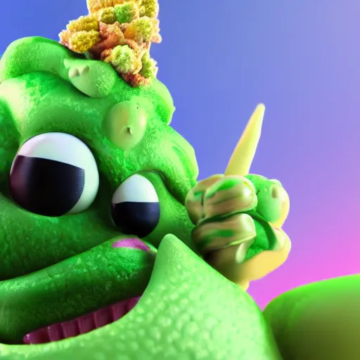 Image similar to a cinematic blender render of a cute marijuana nug character in candy edibles world