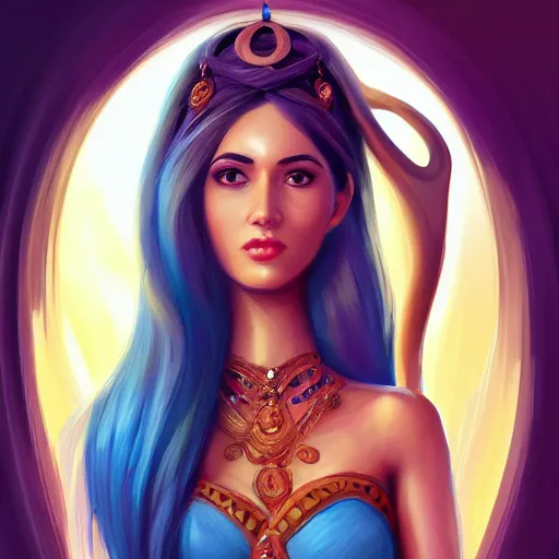Prompt: a professionally painted portrait of an attractive young woman as a genie, arabian dress, olive skin, long dark hair, beautiful bone structure, symmetrical facial features, intricate, elegant, digital painting, trending on Artstation, concept art, smooth, sharp focus, illustration, award winning