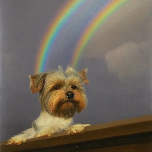 Image similar to a gray and brown Yorkshire Terrier under a rainbow at sea by Michael Sowa, head and shoulders portrait, golden hour, extremely detailed masterpiece, oil on canvas, by J. C. Leyendecker and Peter Paul Rubens and Edward Hopper and Michael Sowa,