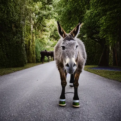 Image similar to portrait of a donkey on rollerskates, canon eos r 3, f / 1. 4, iso 2 0 0, 1 / 1 6 0 s, 8 k, raw, unedited, symmetrical balance, wide angle