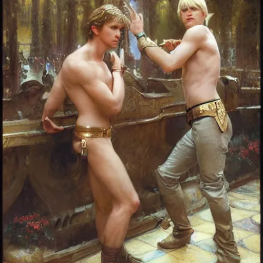 Image similar to attractive male, arthur pendragon who has blond hair confesses his love to attractive male, merlin who has dark hair. highly detailed painting by gaston bussiere, craig mullins, j. c. leyendecker 8 k