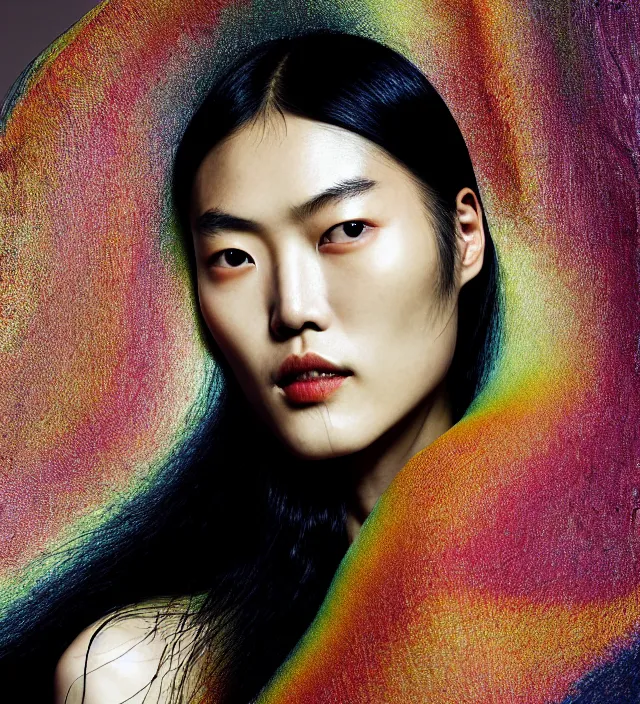 Image similar to photography facial portrait of liu wen, natural background,. natural pose, wearing stunning cloth by iris _ van _ herpen, with a colorfull makeup. highly detailed, skin grain detail, photography by paolo roversi, nick knight, helmut newton, avedon, araki