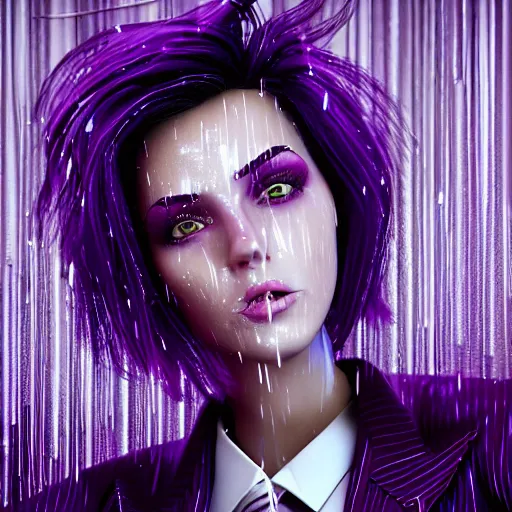 Prompt: stylish woman cartoon portrait made out of rain, pinstripe suit, short purple hair, galactic background, rendered in octane, unreal engine, highly detailed, trending on artstation, realistic, neon, beautiful