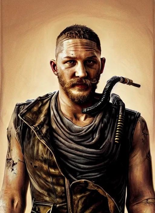 Prompt: portrait of Tom Hardy as a mechanic character in Mad Max: Fury Road, looking at camera, intricate, dystopian, sci-fi, extremely detailed, digital painting, artstation, concept art, smooth, sharp focus, illustration, soft lighting, incredible art by artgerm and greg rutkowski and alphonse mucha and simon stalenhag
