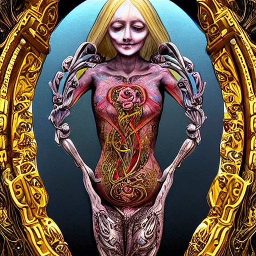 Image similar to blonde girl in a cosmic dress, full-body tattoos, ornate, rococo, grotesque, zbrush art, majestic, organics, silver filigree, colorful, dark fantasy, celtic knot, anatomical, h r giger style, moebius, frank frazetta, ornate, art nouveau, symmetrical, turquoise jewelry, red smoke, roses, unbiased render, rotten, Emil melmoth, eerie, macabre, haunting + insanely detailed and intricate, floral, faded pink, hypermaximalist, elegant, vintage, hyper realistic, super detailed, pastel colors,