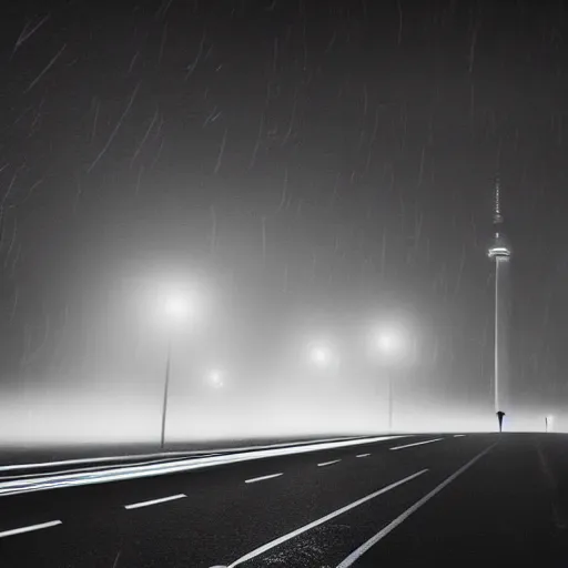 Image similar to television tower behind the trees at night with a man and car on the road in front with the fog, in the style of david lynch, movie camera low aperture