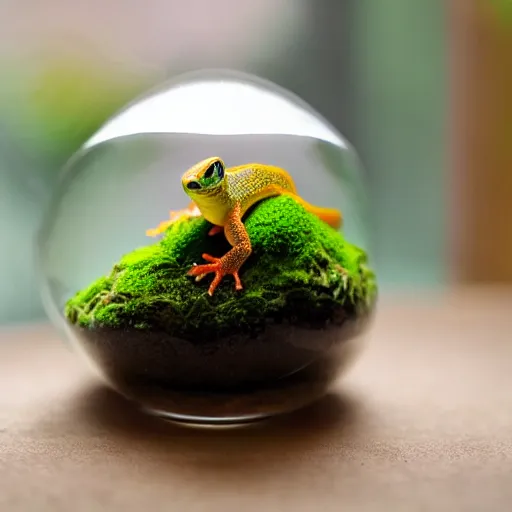 Prompt: gecko sitting inside a terrarium in the background moss grows