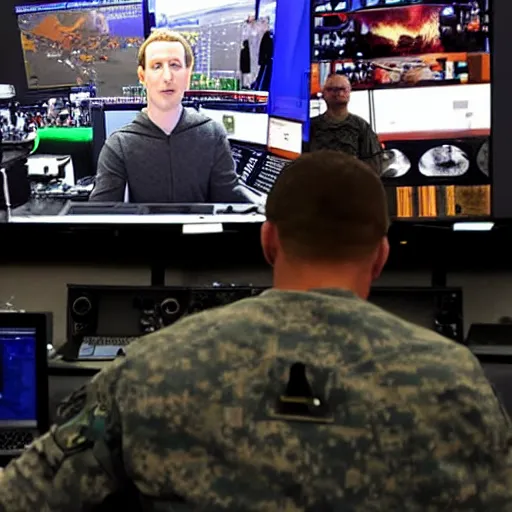 Image similar to mark Zuckerberg controlling a giant military drone from inside a military command center. Images of war on big screens.