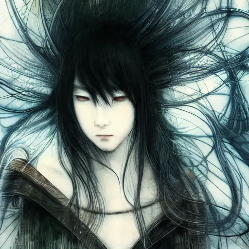 Image similar to yoshitaka amano blurred and dreamy realistic illustration of a young japanese woman with black eyes, wavy white hair fluttering in the wind wearing elden ring armor with engraving, abstract patterns in the background, satoshi kon anime, noisy film grain effect, highly detailed, renaissance oil painting, weird portrait angle, blurred lost edges, three quarter view