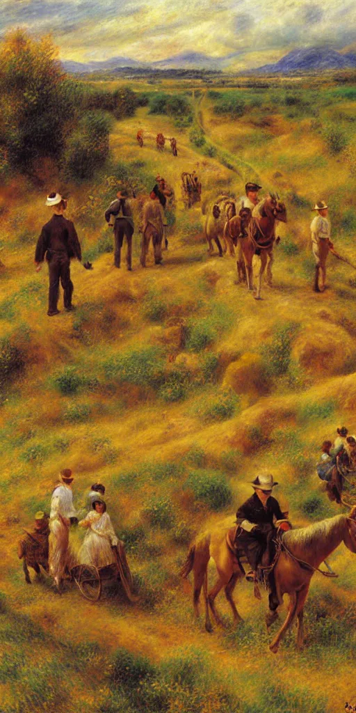 Prompt: oil painting of mormon pioneers crossing the plains, painting by renoir and yong sung kim, masterpiece, stylized