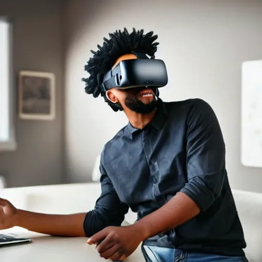 Prompt: A black man with black hair wearing a vr headset, smiling, realistic, ultra HD