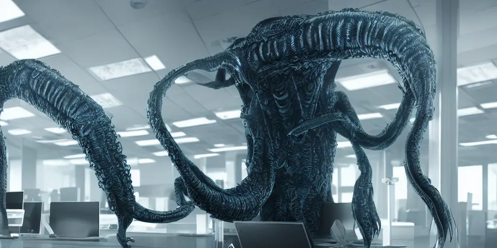 Prompt: A photo of an alien tentacle creature in a business suit working in a corporate office, 4K, realistic