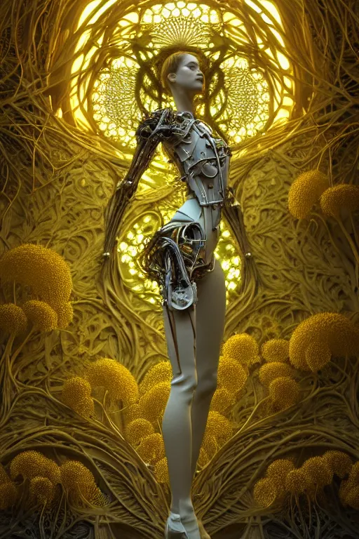 Image similar to intricate hyper detailed ultra sharp 3 d render, unity of mood, biomechanical cyborg ladies dancing, atmospheric, foliage, white large pore fungi, cyberpunk art nouveau, haute couture alexander mcqueen leaves stems colorful dahlias blooming transparent fractal filigree roots, intricate details, octane render, volumetric cinematic lighting, natural beautiful light, yellow infrared, lumiol, 8 k,