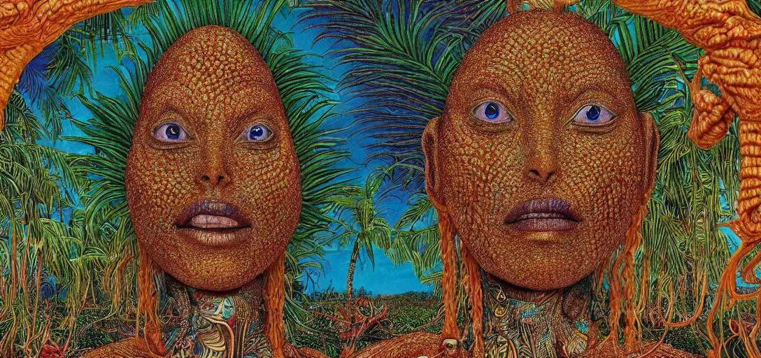 Prompt: very high resolution image from a new movie. a beautiful tropical landscape, portrait of an alien. 2 4 mm, photorealistic, photography, directed by mati klarwein